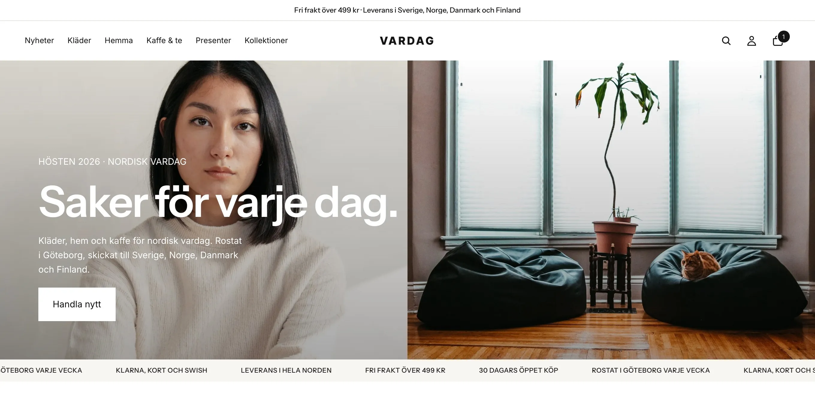 Startsidan i Vardag, vår egen Shopify-butik