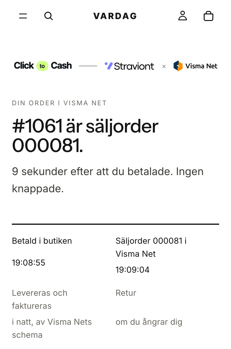 Sidan Din order i Visma Net i mobilen: #1061 är säljorder 000081, 9 sekunder efter att du betalade, tidslinje och konto, moms och koddel per rad