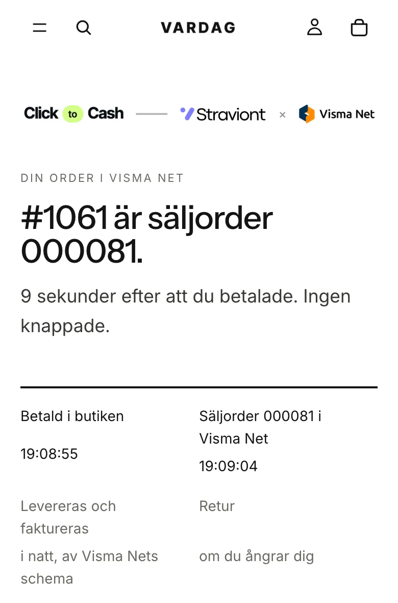 Sidan Din order i Visma Net i mobilen: #1061 är säljorder 000081, 9 sekunder efter att du betalade, tidslinje och konto, moms och koddel per rad