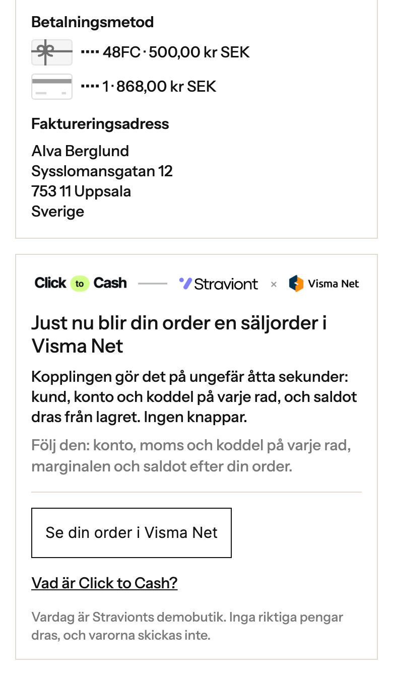 Tacksidan för order #1063 i mobilen: betalningsmetoderna presentkort 500 kr och kort 868 kr, och Click to Cash-rutan Just nu blir din order en säljorder i Visma Net med knappen Se din order i Visma Net