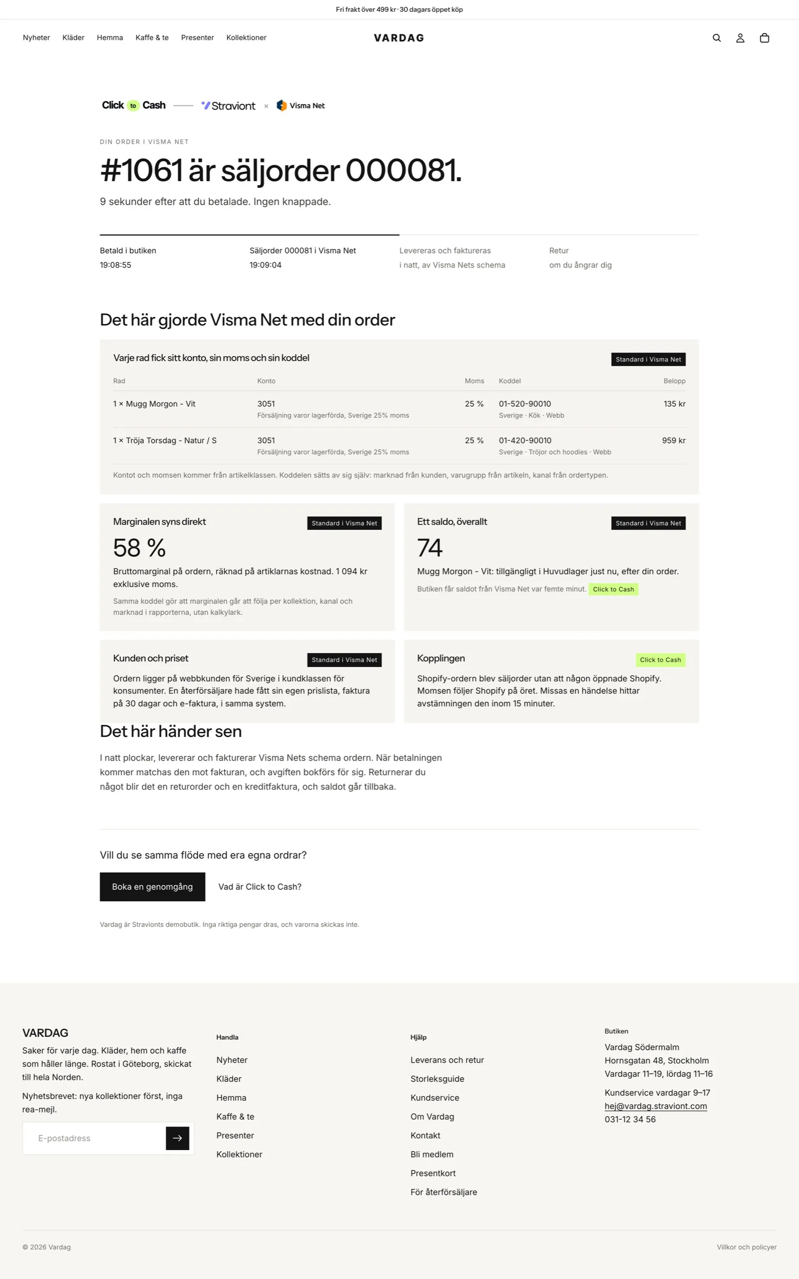 Sidan Din order i Visma Net, hela sidan: #1061 är säljorder 000081, 9 sekunder efter att du betalade, tidslinjen, varje rad fick sitt konto, sin moms och sin koddel, marginalen 58 %, ett saldo 74, kunden och priset, kopplingen