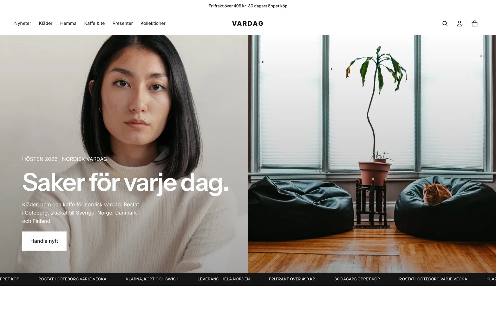 Startsidan i Vardag, hela första skärmen: Hösten 2026 · Nordisk vardag, Saker för varje dag, Handla nytt, och raden Klarna, kort och Swish, leverans i hela Norden, fri frakt över 499 kr