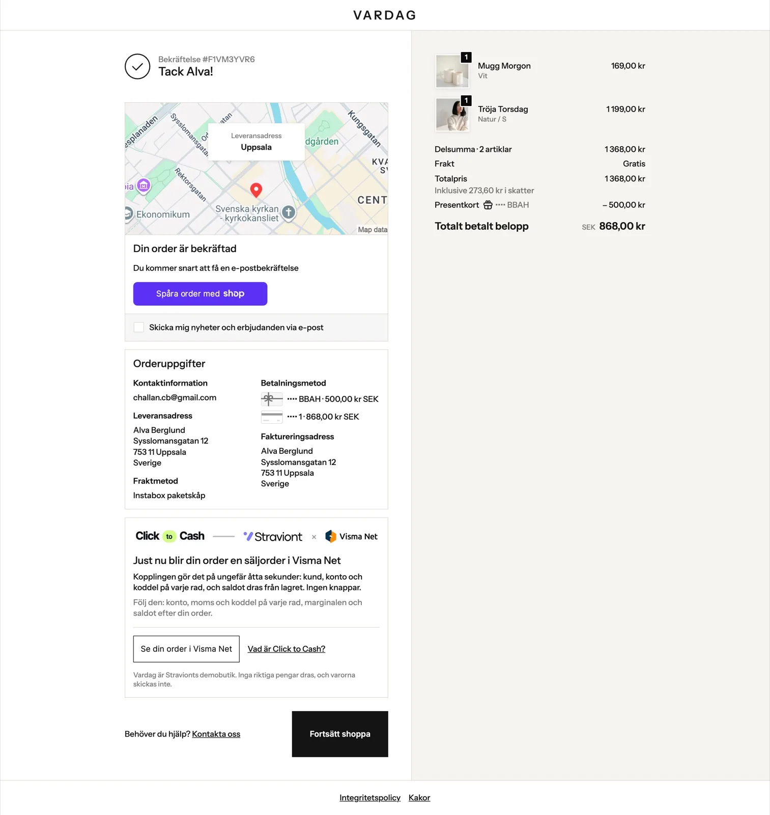 Tacksidan efter köpet, hela sidan: Tack Alva, kartan till Uppsala, orderuppgifterna med presentkort 500 kr och kort 868 kr, och Click to Cash-rutan Just nu blir din order en säljorder i Visma Net
