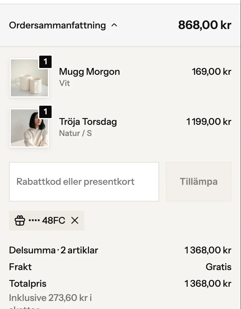 Kassan i Vardag i mobilen: Mugg Morgon och Tröja Torsdag, presentkortet drar 500 kr, total skuld 868 kr