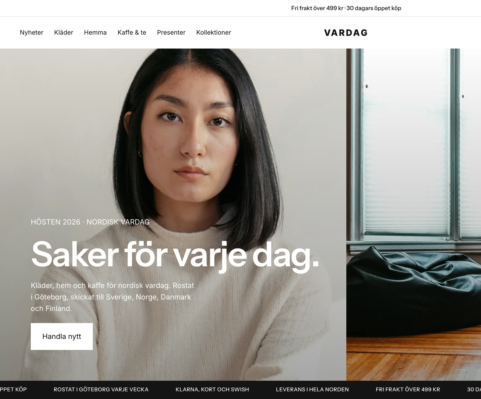 Startsidan i Vardag, vår egen butik i Shopify