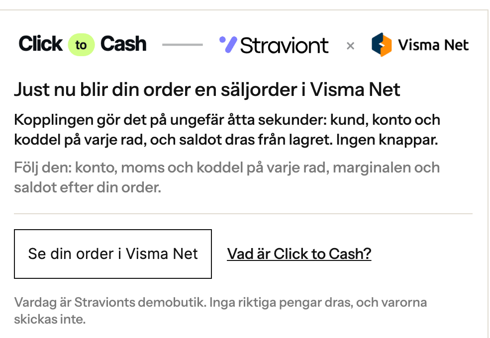 Click to Cash-rutan på tacksidan i Vardag: Just nu blir din order en säljorder i Visma Net, med knappen Se din order i Visma Net