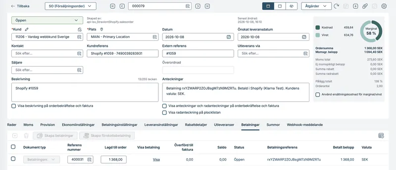 Säljorder i Visma Net, fliken Betalningar: förskott 400031 på 1 368 kr, Klarna, med Klarnas referens