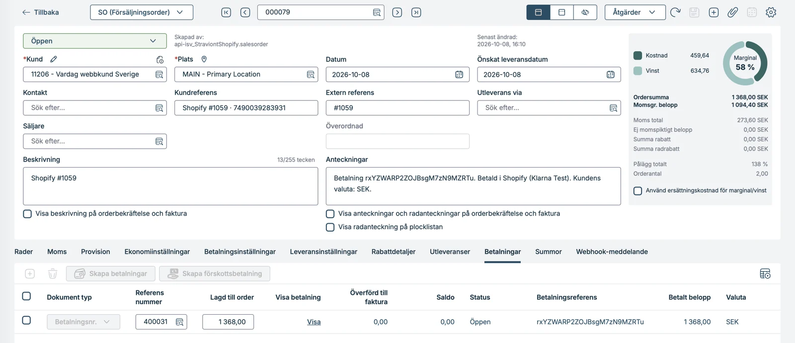 Säljorder SO 000079 i Visma Net, fliken Betalningar: förskott 400031 på 1 368 kr, Klarna, med Klarnas egen referens