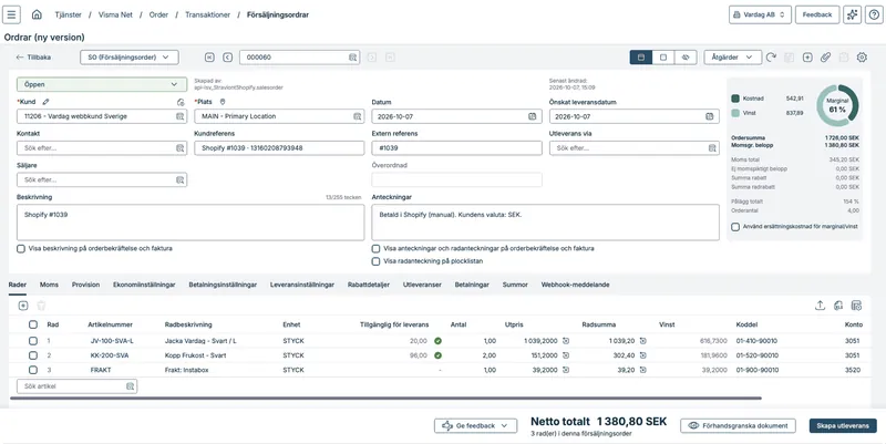 Säljorder SO 000060 i Visma Net: kund, rader med artikel, konto 3051 och koddel