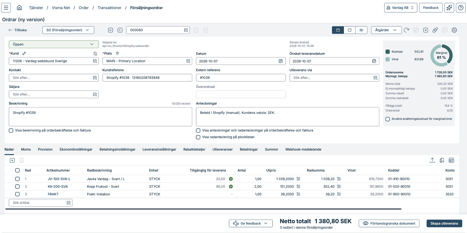 Visma Net · Vardag AB · Säljorder 000081: Skapad 19:09:04 · 8 s efter betalningen