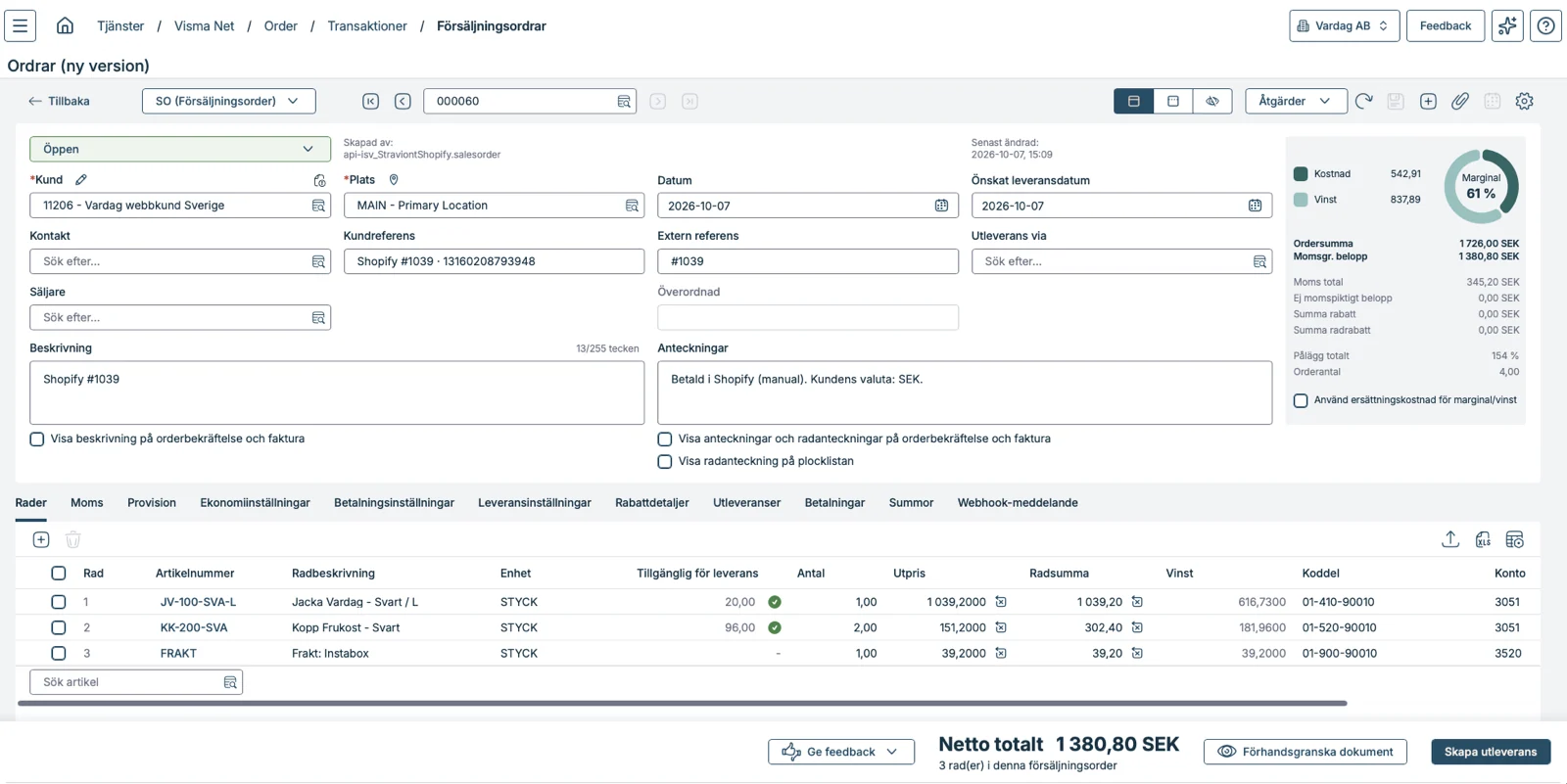 Säljorder SO 000060 i Visma Net: kund 11206 Vardag webbkund Sverige, rader med artikel, konto 3051 och koddel
