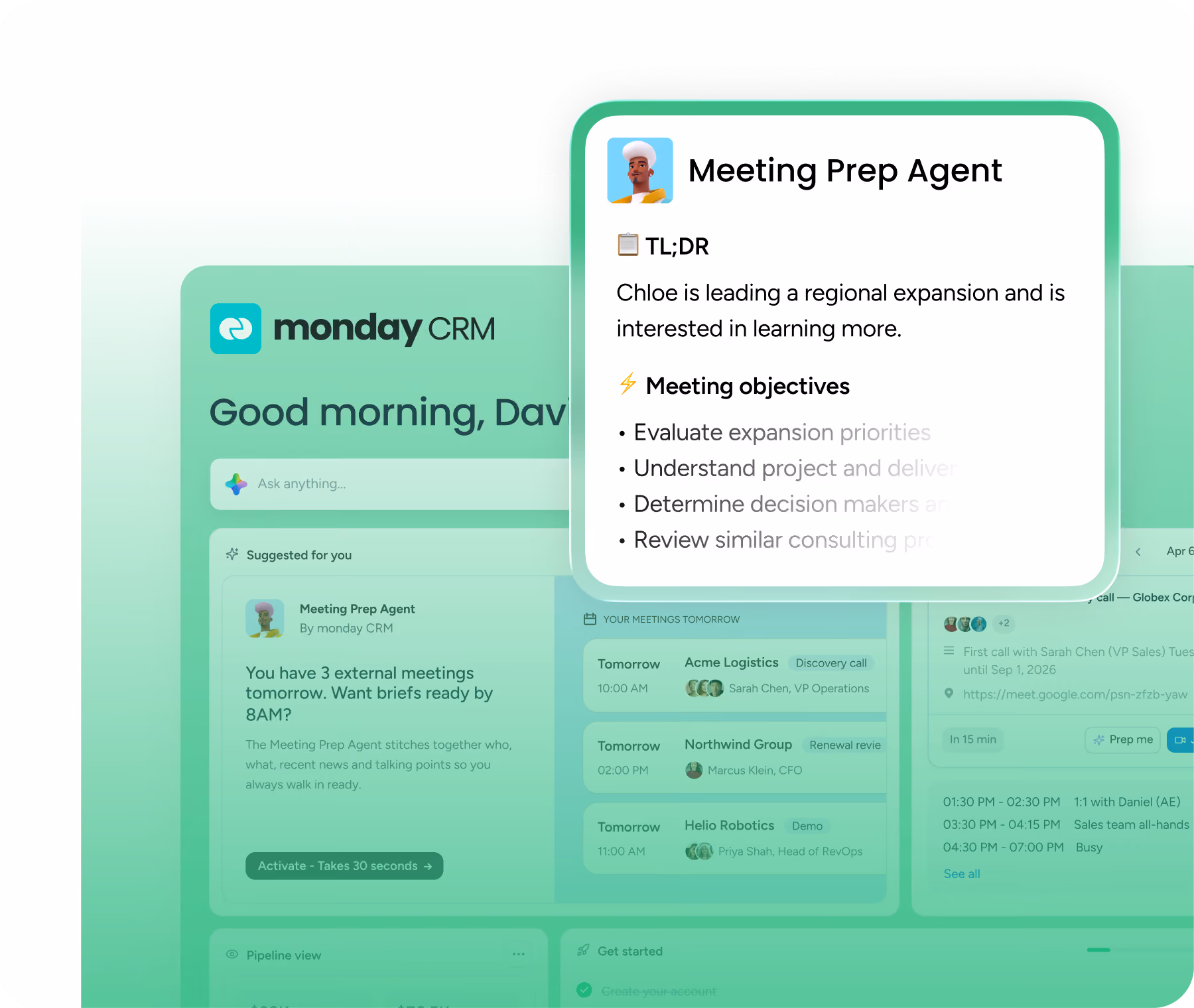 Mötesagenten förbereder briefer inför dagens möten i monday CRM