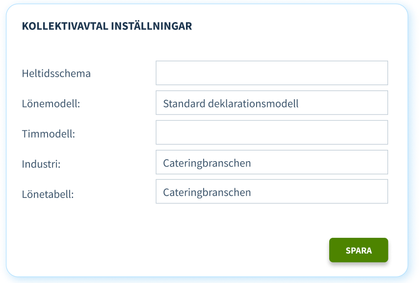 Inställningar för kollektivavtal i Nmbrs med lönemodell, industri och lönetabell