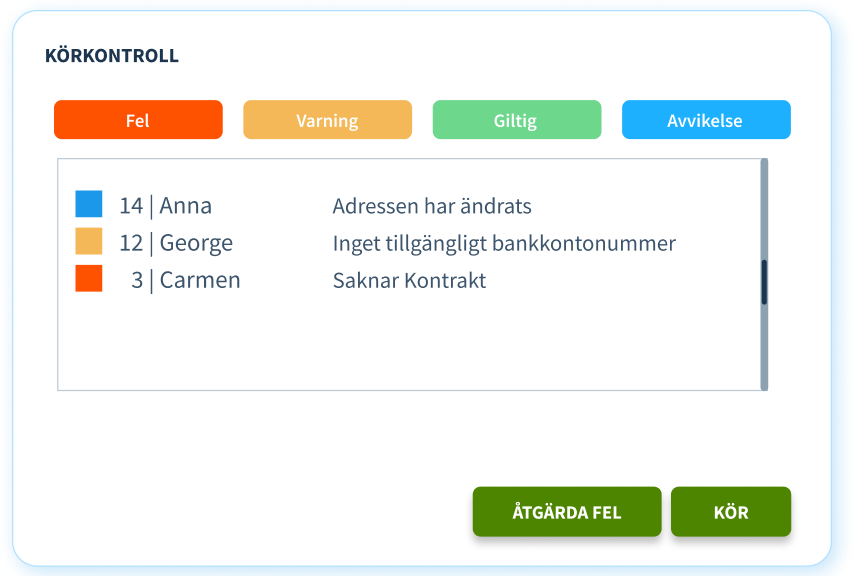Körkontroll i Nmbrs som flaggar ändrad adress, saknat bankkonto och saknat kontrakt
