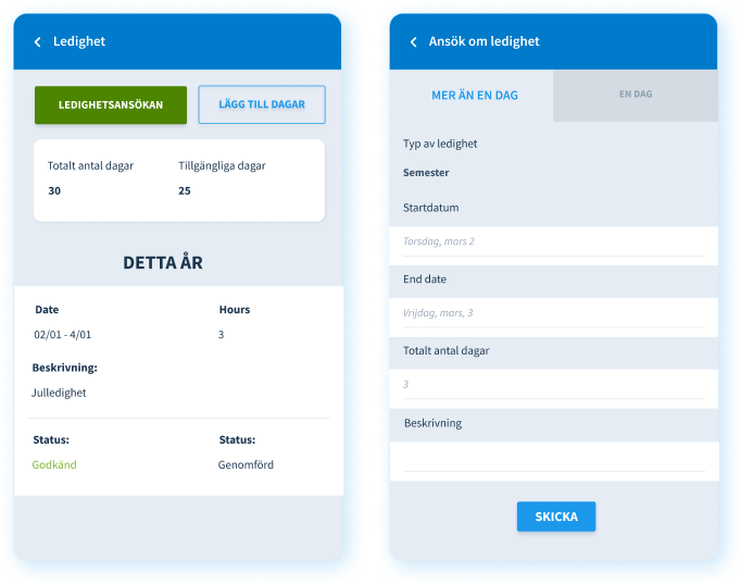 Ledighet och ledighetsansökan i Nmbrs mobilapp